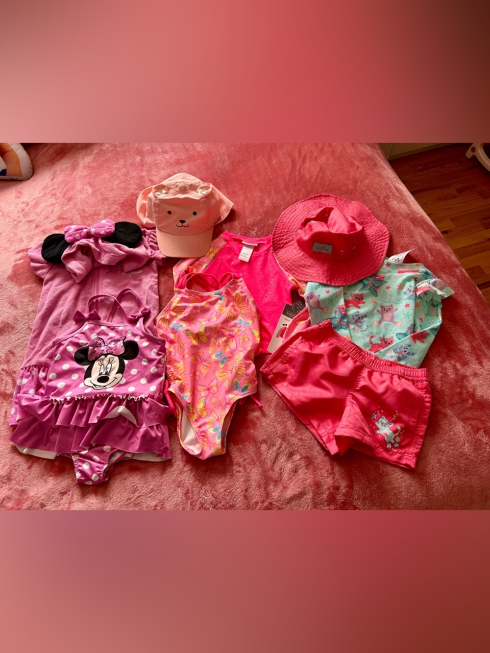 Girls Pink Butterfly One-Piece Swimsuit + Sun Hat Set